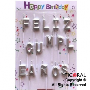 VELAS FRASE FELIZ CUMPLEAOS PLATA 3 CM x 1